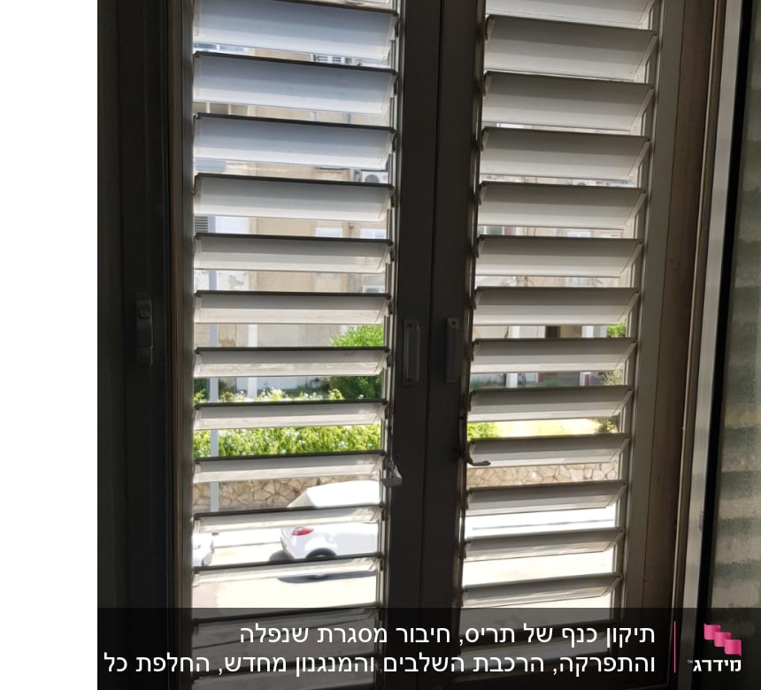 תריסים לבנים פתוחים בחלון כפול